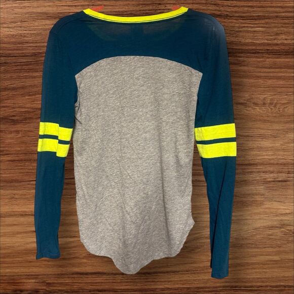 Victoria’s Secret PINK Long Sleeve Varsity Tee Gray Teal Neon Yellow XS - Picture 7 of 10